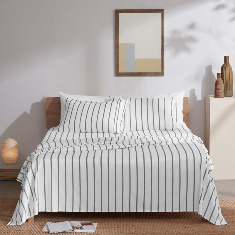 Microfiber Twill Striped Fitted Sheet, Twin Sheet Set + Fitted Sheet + 1 Pillowcase, White/Gray Stripe