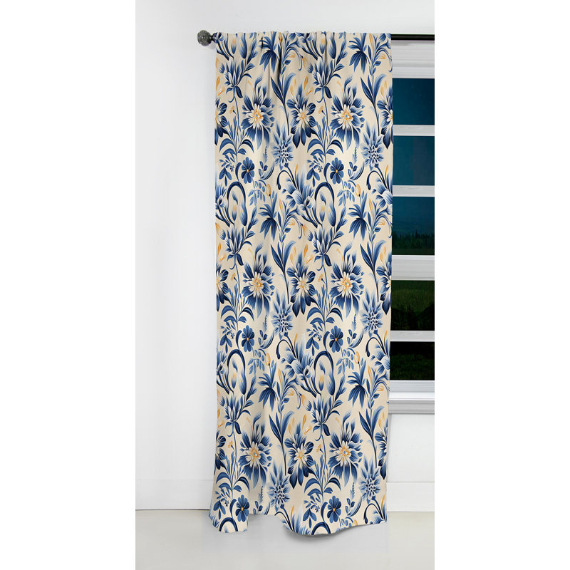 Motif floral damassé bleu et beige - 1 rideau occultant, L 52 po x L 108 po