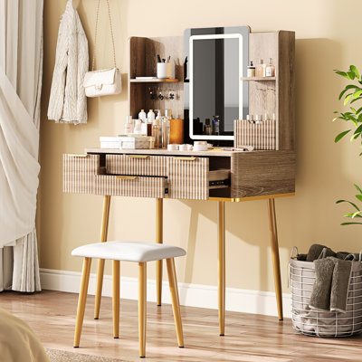 Bureau à 4 tiroirs avec miroir à DEL, panneau cannelé et rangement pour bijoux, miroir de salle de bain avec miroir à gradation continue, poignées en métal, construction lisse