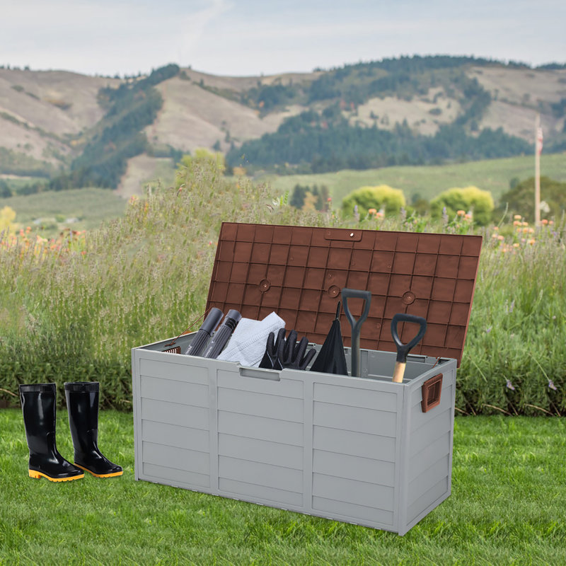 Winado 75 Gallons Plastic Deck Box with Wheels, Brown/Gray