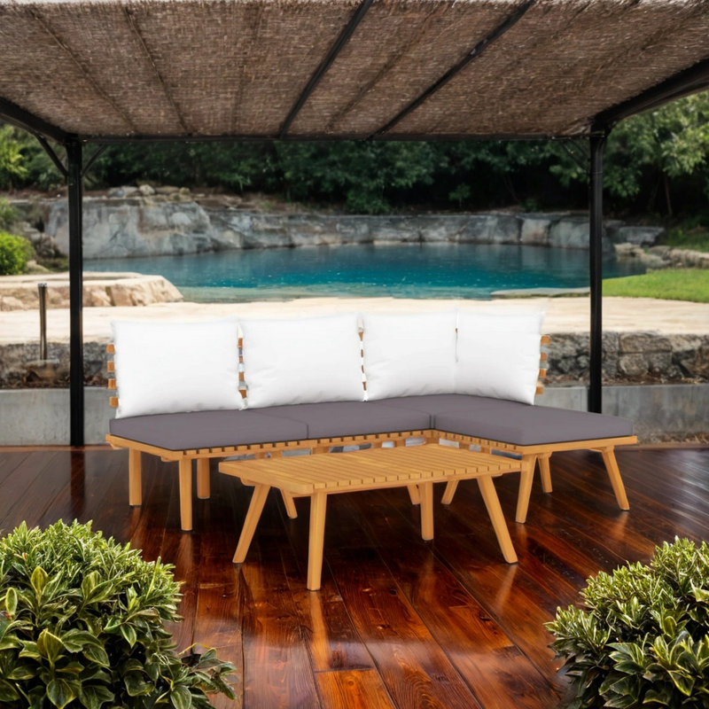 Roma 5Pc Outdoor Modular Sofa Set, Table, Acacia Wood, Grey, White