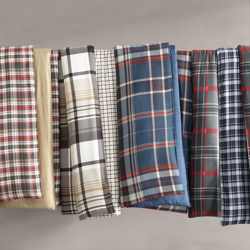 Willow Plaid Reversible Gray and Red Microfiber Queen Duvet Set