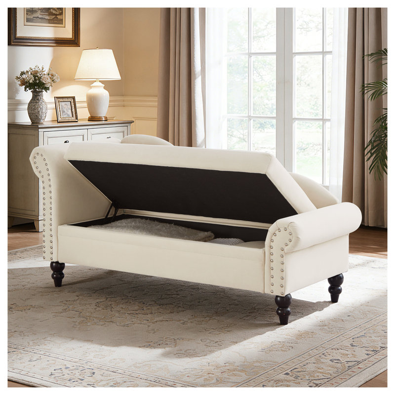 64.5" Modern Velvet Chaise Lounge with Storage, Beige Upholstered Sofa for Living Room or Bedroom, Beige