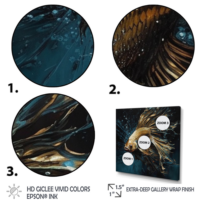 «Gold Fish in the Ocean II - Animal Fish», reproduction d'art, H 36 po x l 36 po x P 1,5 po, Cadre flottant noir