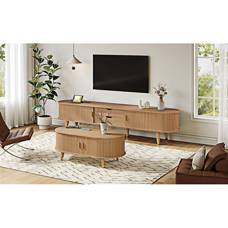 Ensemble de meuble télé et table basse en bois avec station de charge, Naturel