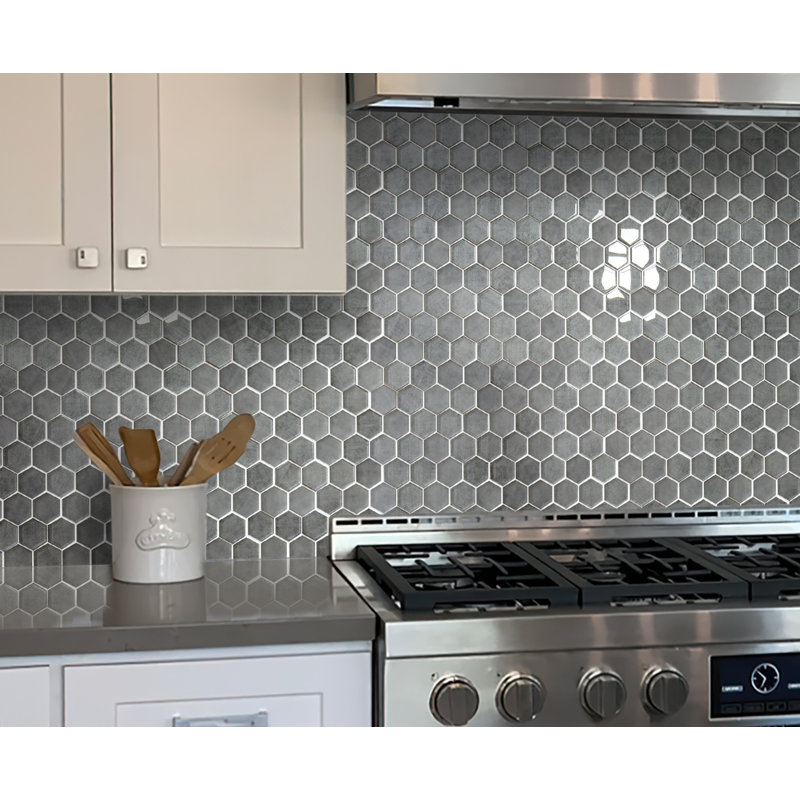 1.9" x 1.9" Glass Hexagon Mosaic Tile, Dark Gray