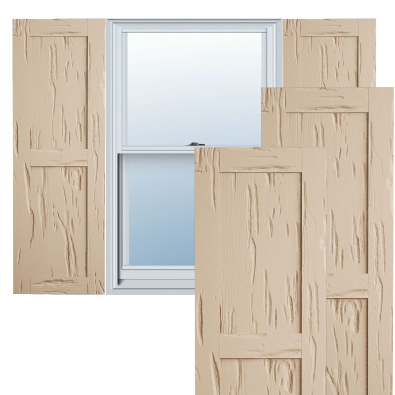 Rustic Two Equal Panel Flat Panel Faux Wood Shutters (Per Pair), Pecky Cypress Texture/Primed Tan, 12", 70"