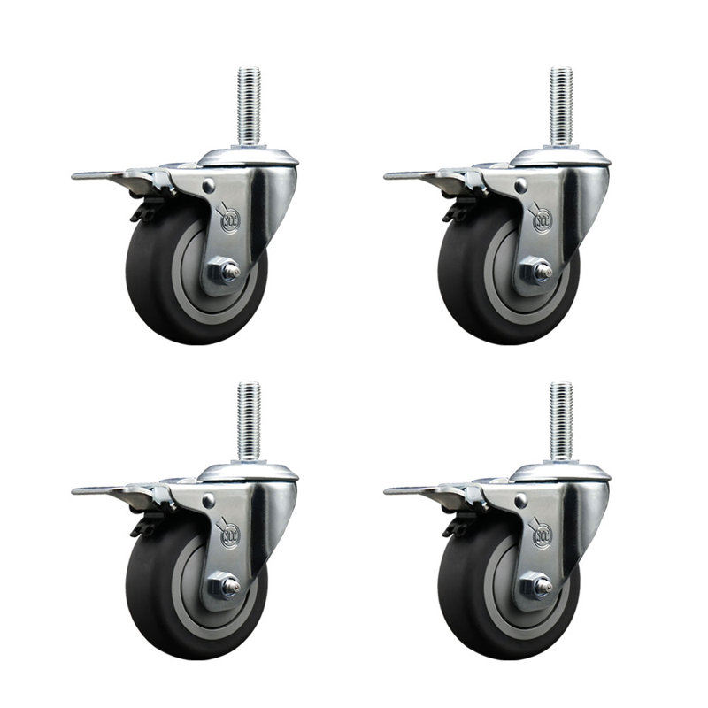 Rubber Swivel 5/8 Inch Threaded Stem Caster Set Total Lock Brake