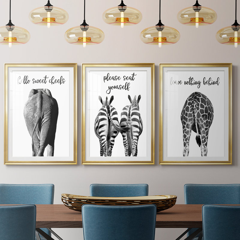 Elephant Bum - reproduction encadrée sur mesure de qualité supérieure mate - 3 pièces, Doré