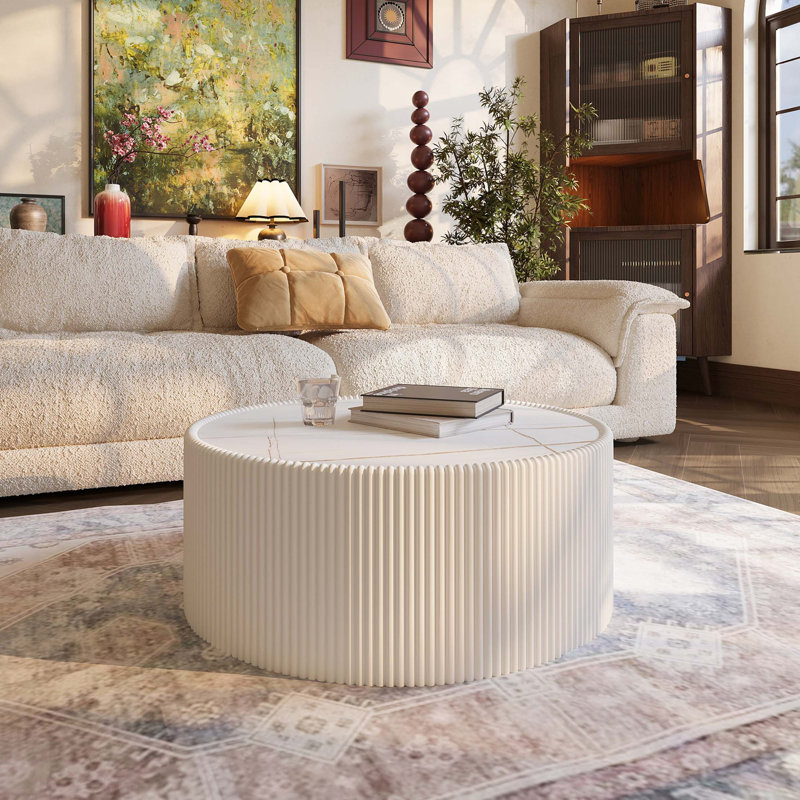 Table basse moderne cylindrique en cuir, H 14,56 po x l 29,52 po x P 29,52 po, Blanc