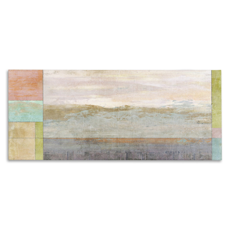 Paysage et bordure géométrique, art mural sur toile par Suzanne Nicoll, H 20 po x l 48 po x P 1,5 po