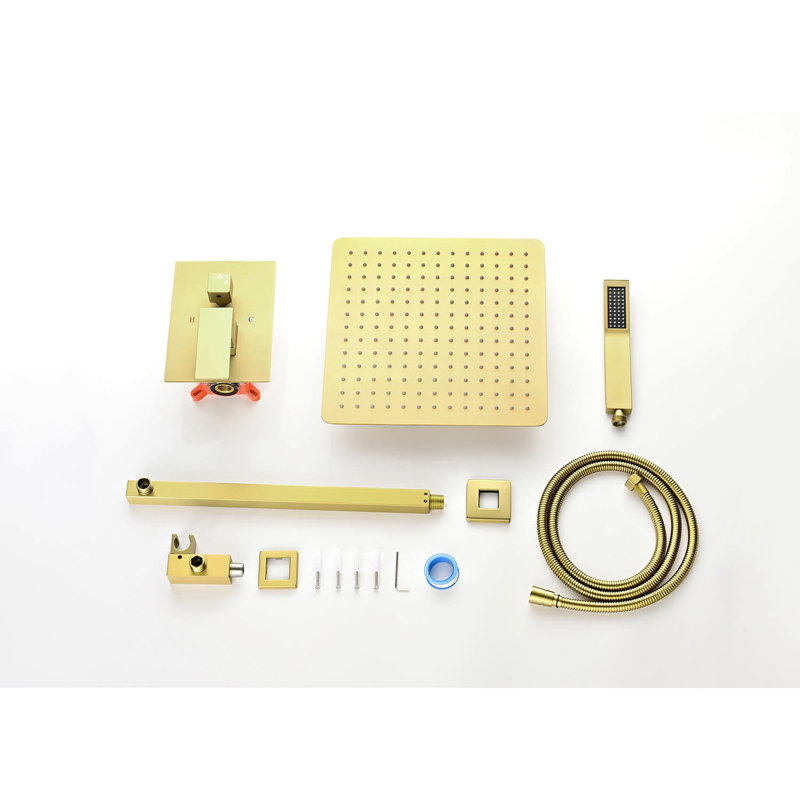 Brushed Gold Wall Mounted Shower System - 10" Rain Head One Handle Bathroom Mount Configuration With Hand Shower, Hose, Valve And Control, Build, Intense Water Spray, Enjoyable Time, Gold,