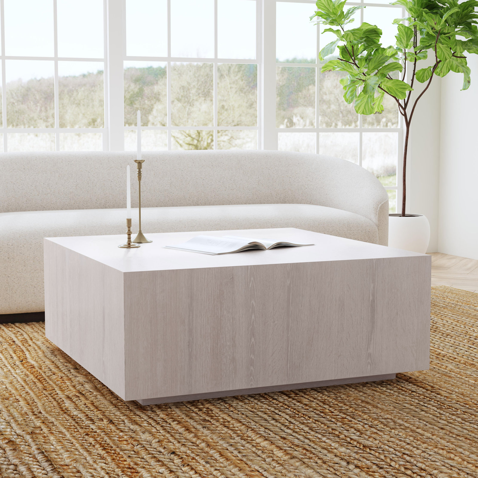 Taryn 42" Block Coffee Table, White Wash