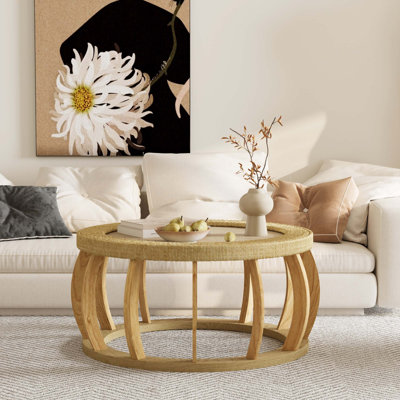 Table basse ronde en bois massif de 35,43 po avec pieds courbés et table d'appoint Boho pour la salle à manger