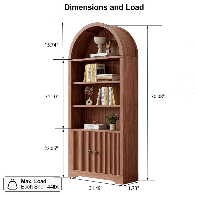 70.08"H Arched Storage Bookcase, Walnut