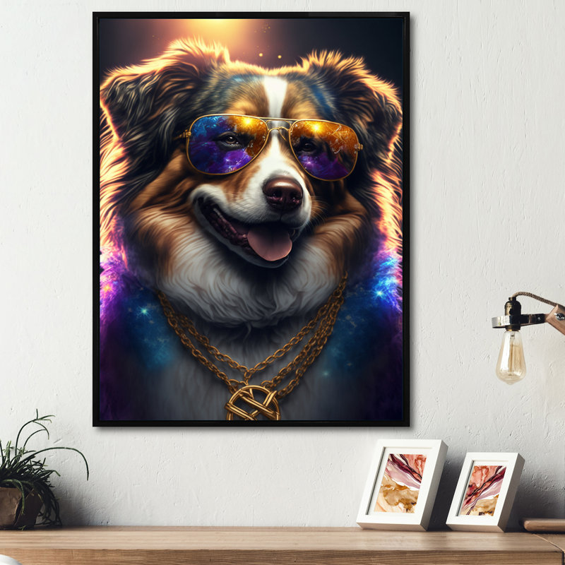 «Australian Shepherd Gangster in NYC», impression sur toile, H 20 po x l 12 po x P 1 po, Toile avec cadre flottant noir