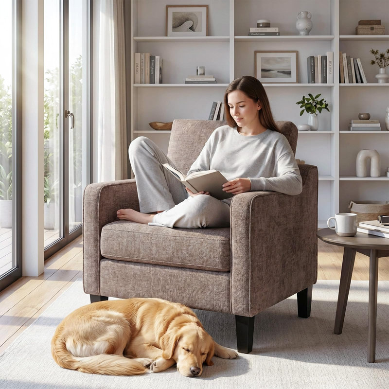 Upholstered Chenille Armchair, Brown