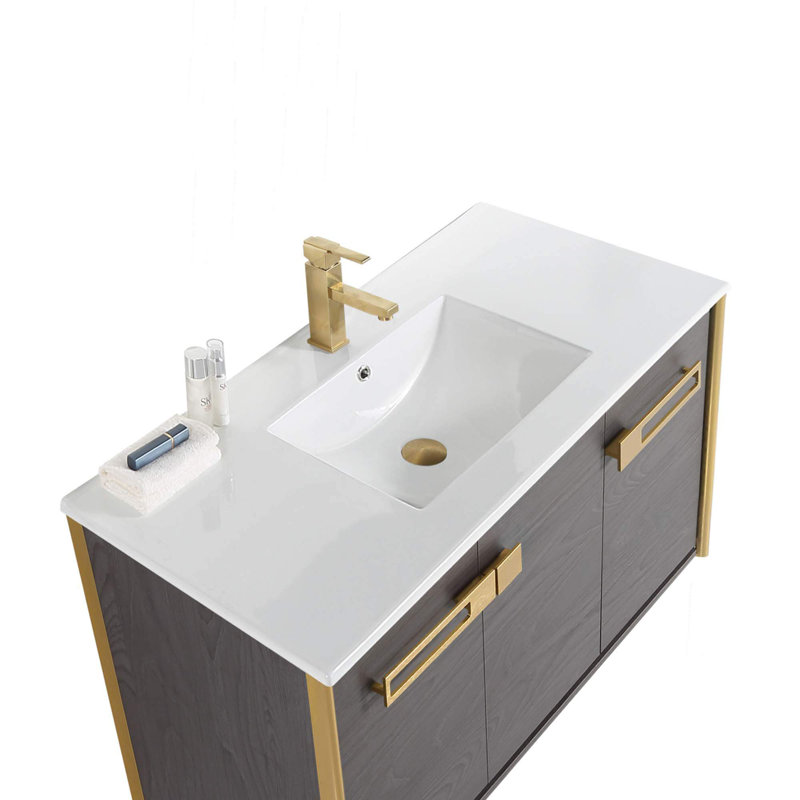 42'' Single Bathroom Vanity with Vitreous China Top, Black Coal Oak, Satin Brass