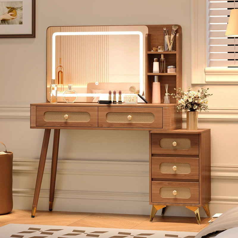 47''Vintage Makeup Vanity With Mirror And Lights, Makeup Vanity Desk With 5 Drawers And Storage Shelf, Rattan Drawer Design, 3 Color Modes And Adjustable Brightness Dressing Table,Walnut