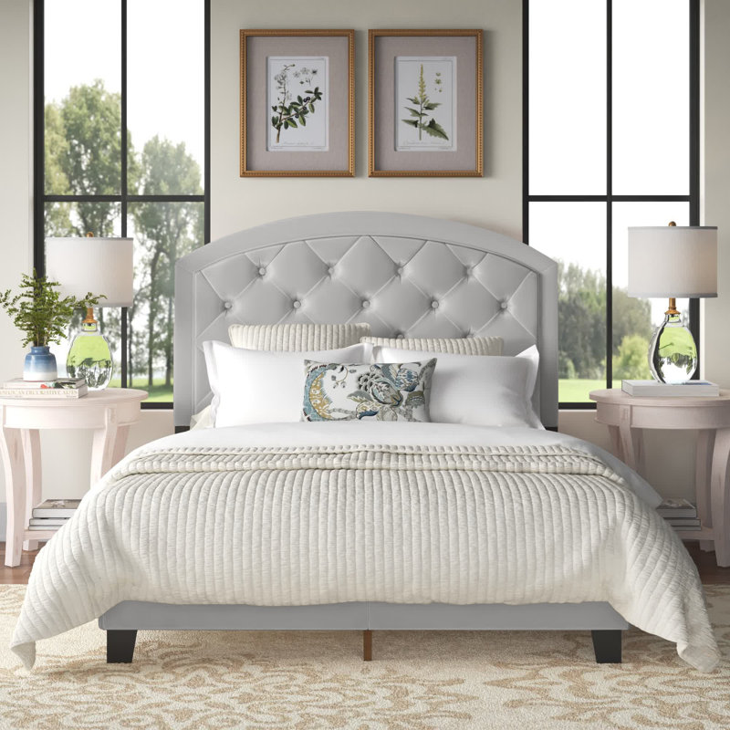 Lit plateforme tapissier en bois avec tête de lit capitonnée réglable Kemeny, Double, Rose