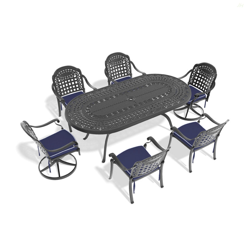 Ensemble de salle à manger 7 pièces en fonte d'aluminium toutes saisons comprenant 2 chaises pivotantes, 4 chaises et une table ovale avec cadre noir