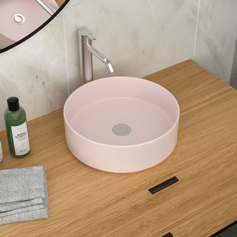 15.75"X15.75" Pink Ceramic Vessel Bathroom Sink, Pink