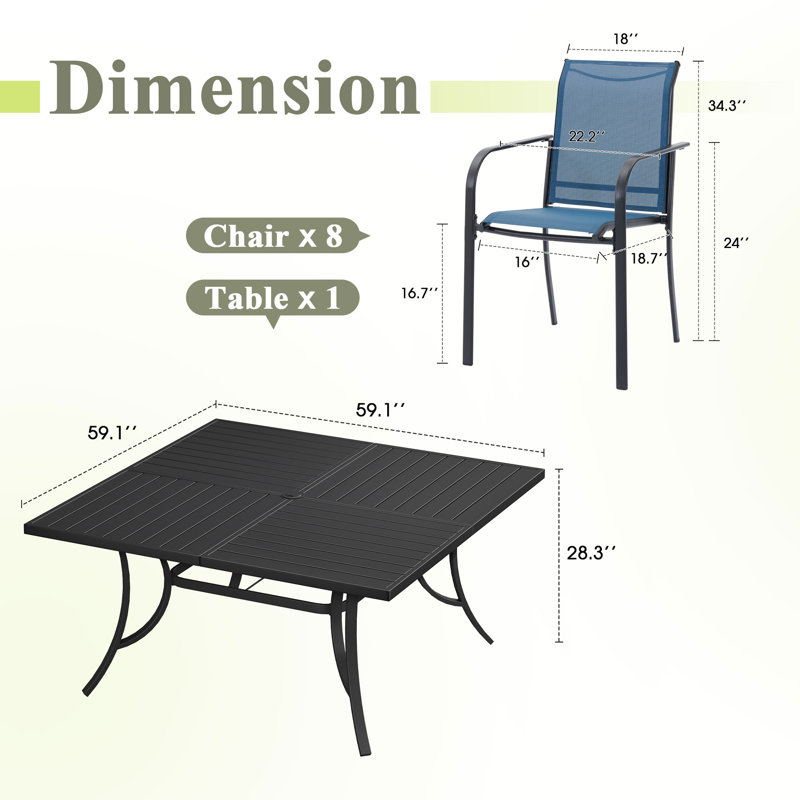Ensemble repas pour 8 personnes avec chaises empilables PVC-coated polyester, Noir / Bleu