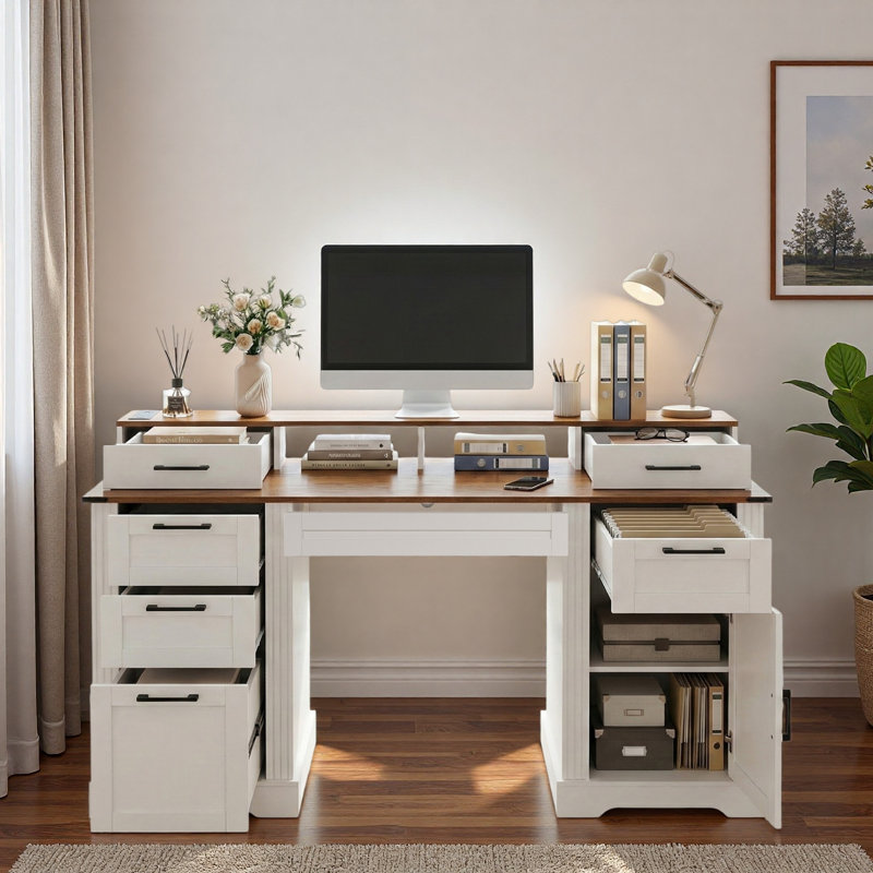 Farmhouse Office Desk With Charging Station, Storage Cabinet, Barn Door Design, File Drawer, Monitor Stand And Keyboard Tray