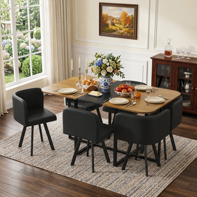 Ensemble de table de salle à manger 60 "en bois avec 6 chaises en cuir PU, Noir, Bois / noir