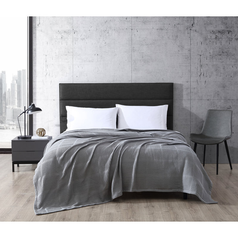 Cozy Waffle Weave Medium Gray Cotton Blanket - Full/Queen