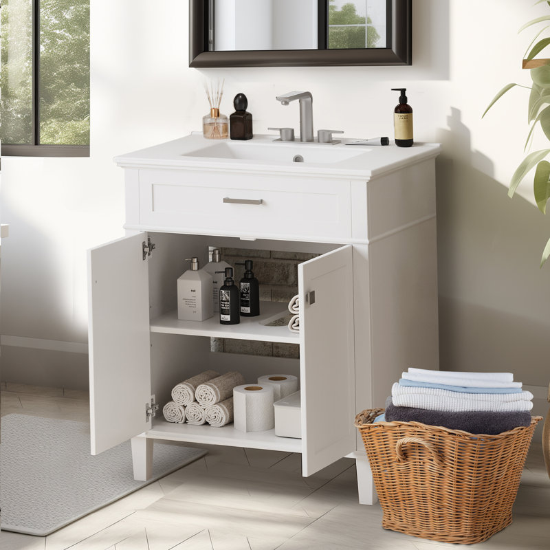 30-inch bathroom vanity with ceramic basin, White