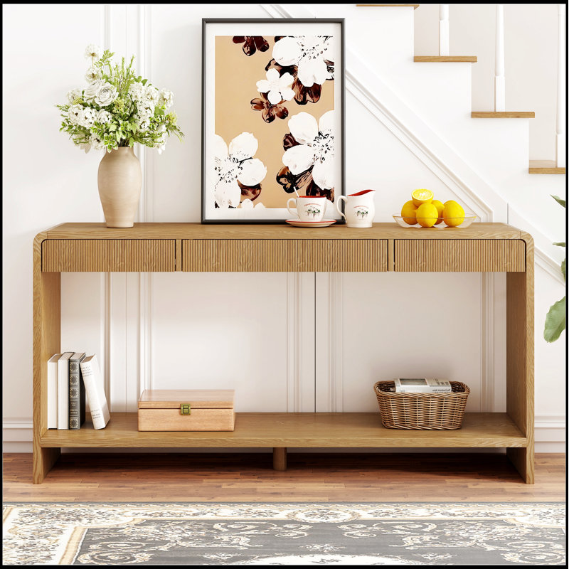 Console moderne à 3 tiroirs avec lattes verticales, conception à bord arrondi pour le rangement du vestibule et du couloir