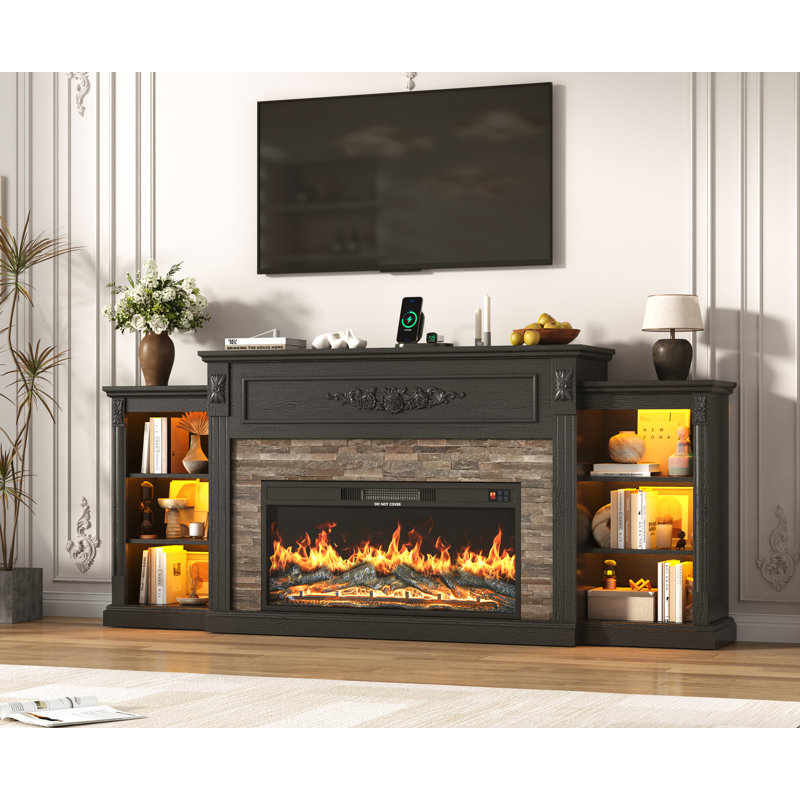 85 Inch Farmhouse TV Stand with 36 Inch Electric Fireplace, Faux Stone Mantel, APP & Remote Control LED Lights, Built-in Power Strip, Adjustable Storage Console, Entertainment Center for TVs Up to 95 Inches