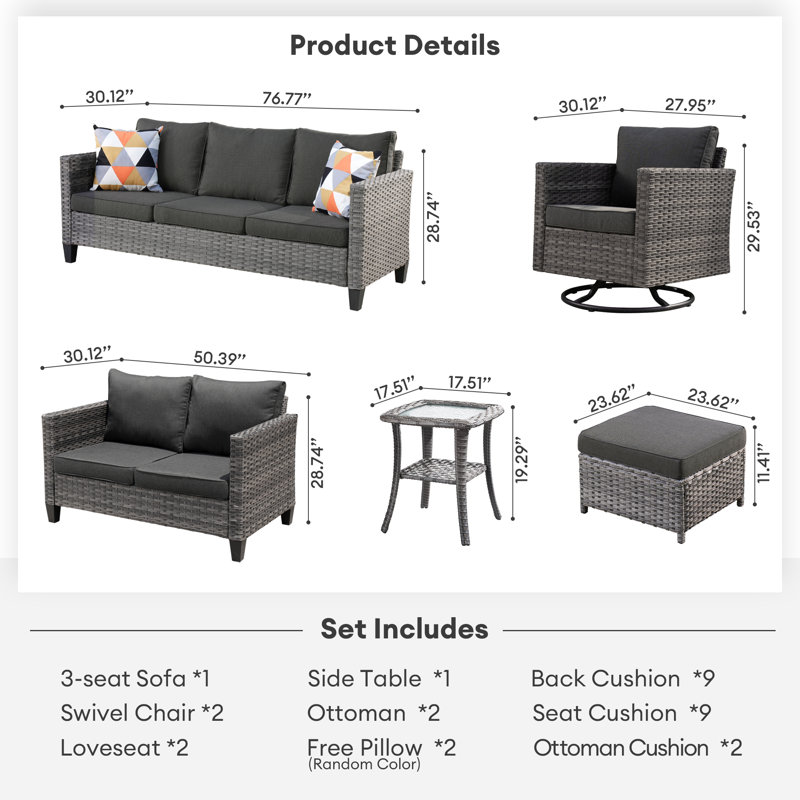 Rhyis 9 - Person Patio Conversation Set with Cushions, Black