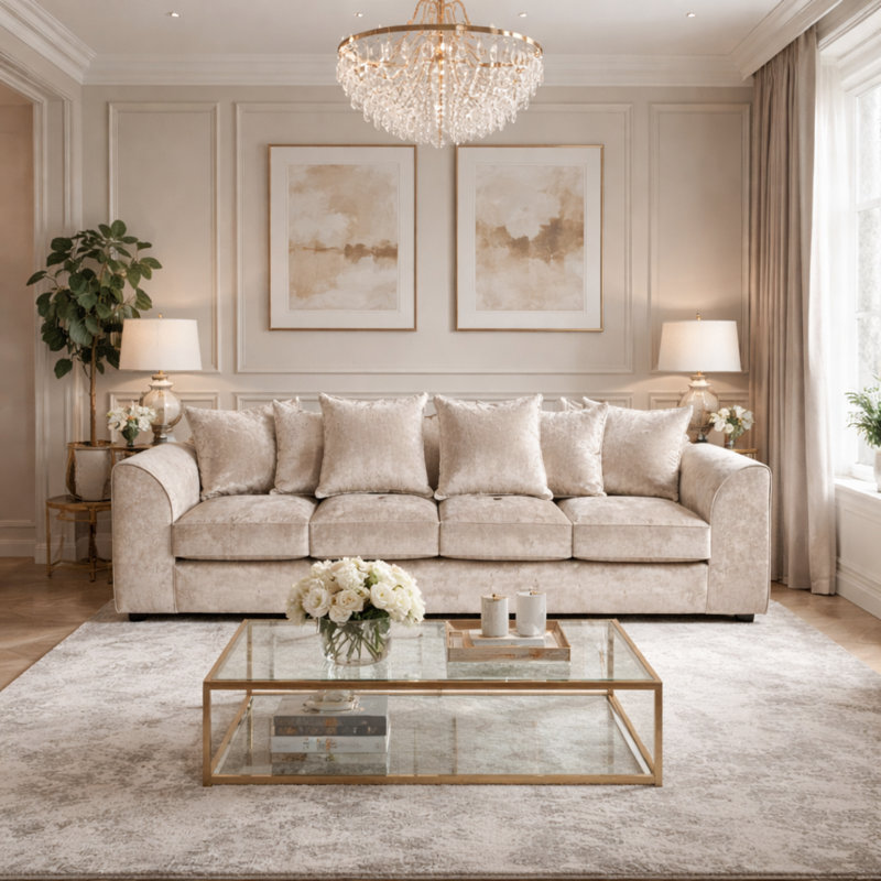 4 Seater Velvet Sofa, Beige