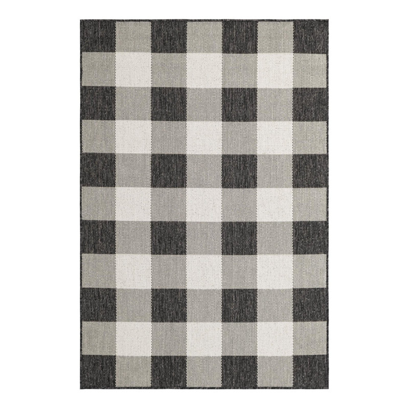 Tatasha Gingham Power Loom Polypropylene Plastic Indoor/Outdoor Area Rug in Black/White, Rectangle 4'1" x 6'1"