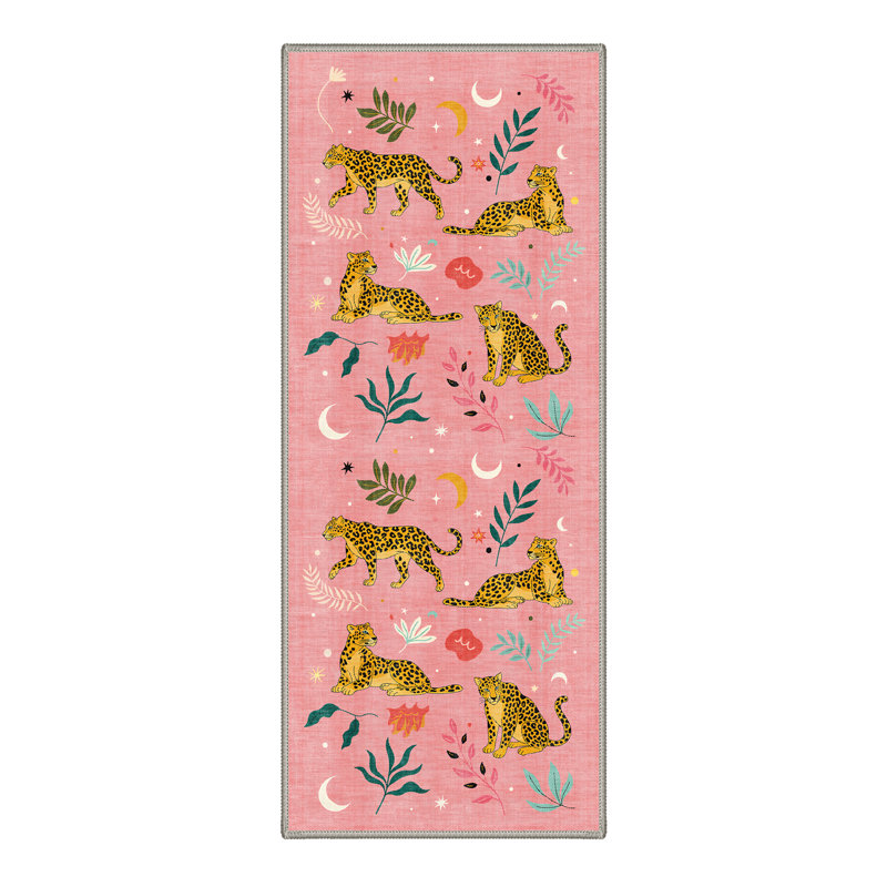 Abraham Spottedia Animal Print Machine Washable Pink / Yellow Indoor Area Rug with Non-Slip Backing, Runner 2' x 6'