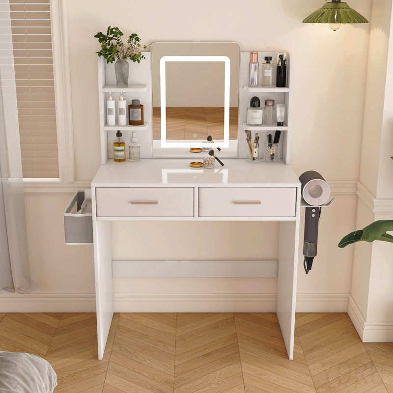Coiffeuse à miroir à DEL avec lumières pour femmes et filles - bandes lumineuses réglables 3 couleurs, 2 grands tiroirs, support pour séchoir à cheveux et sac de rangement non tissé, mobilier de bureau de maquillage