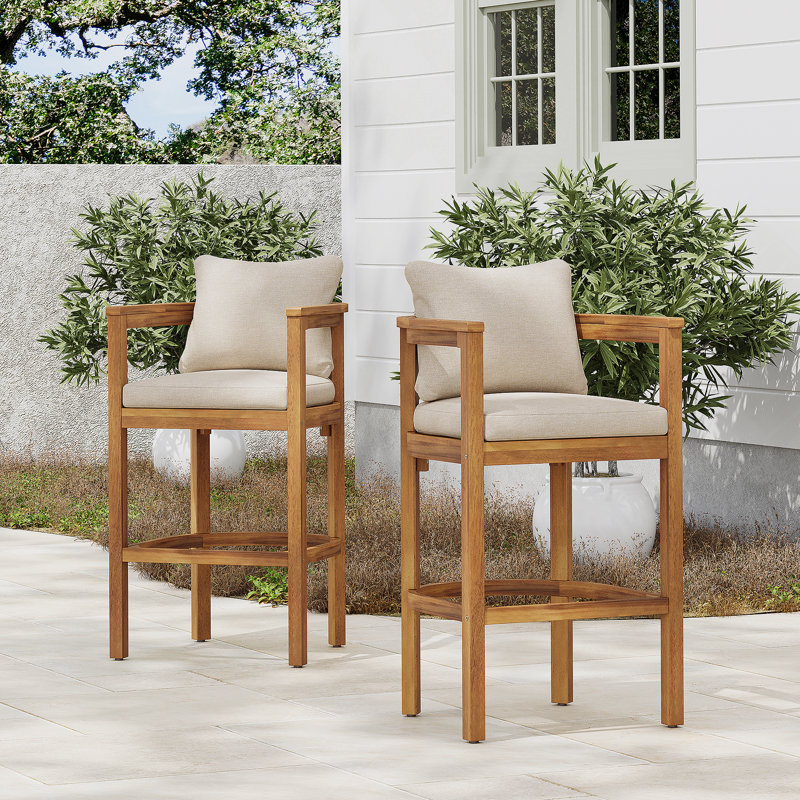 Tabouret d'extérieur en bois de teck avec coussin beige, ensemble de 2, Teck