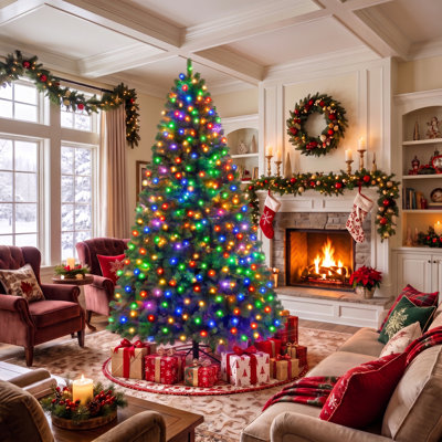 Sapin de Noël artificiel pré-illuminé de 2,3 m avec lumières DEL multicolores, branches articulées et support en métal, montage facile
