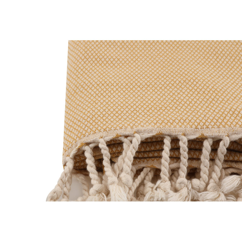 High-Quality Fouta Beach Towel, Honeycomb Pattern, 37.4 x 74.8 inches | 100% Cotton, 7.8 oz/sq ft | Soft, High Water Absorbent, Machine Washable at 86-104°F | Stylish Mustard Color, Perfect for Beach & Spa