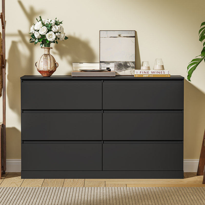 Commode 6 tiroirs en bois avec compartiment caché, coffre de rangement haut avec sécurité anti-basculement, Noir