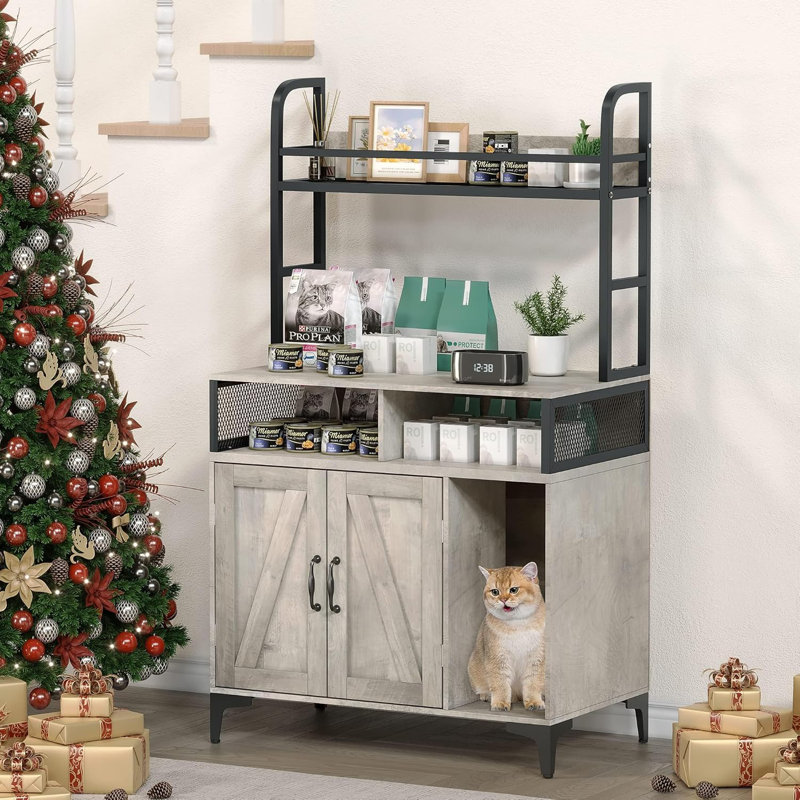 Gray MDF and Iron Cat Litter Box Enclosure with Shelves