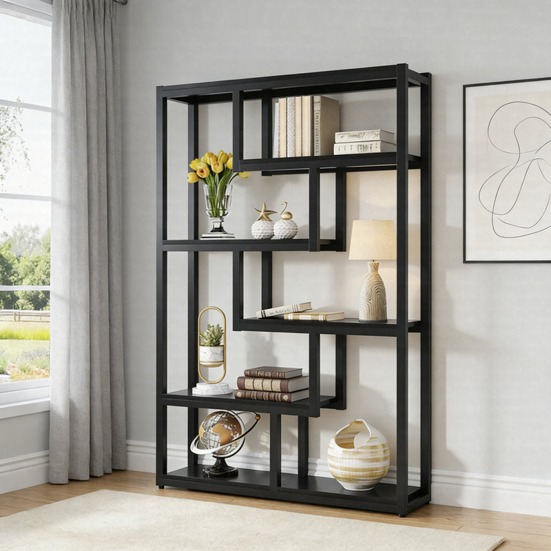 69" Industrial Bookshelf, 5-Tier Etagere Bookcase With Staggered Shelves, Black