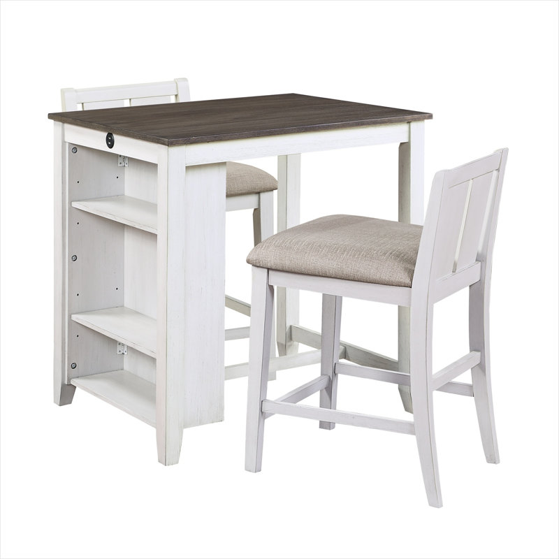 Ensemble de salle à manger à hauteur de comptoir en bois blanc avec tablette USB, 2 places assises, style transitionnel