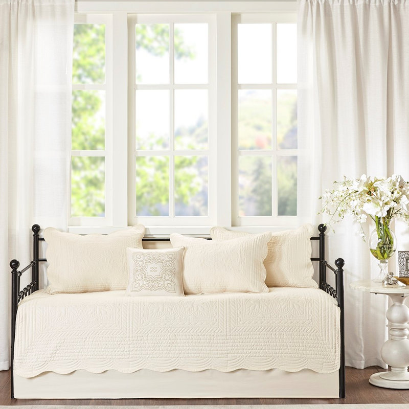 Housse de lit de jour réversible 6 pièces en crème - Bord festonné pour matelas simple avec coton et ensemble complet d'accessoires tendance, bordure décorative, articles assortis