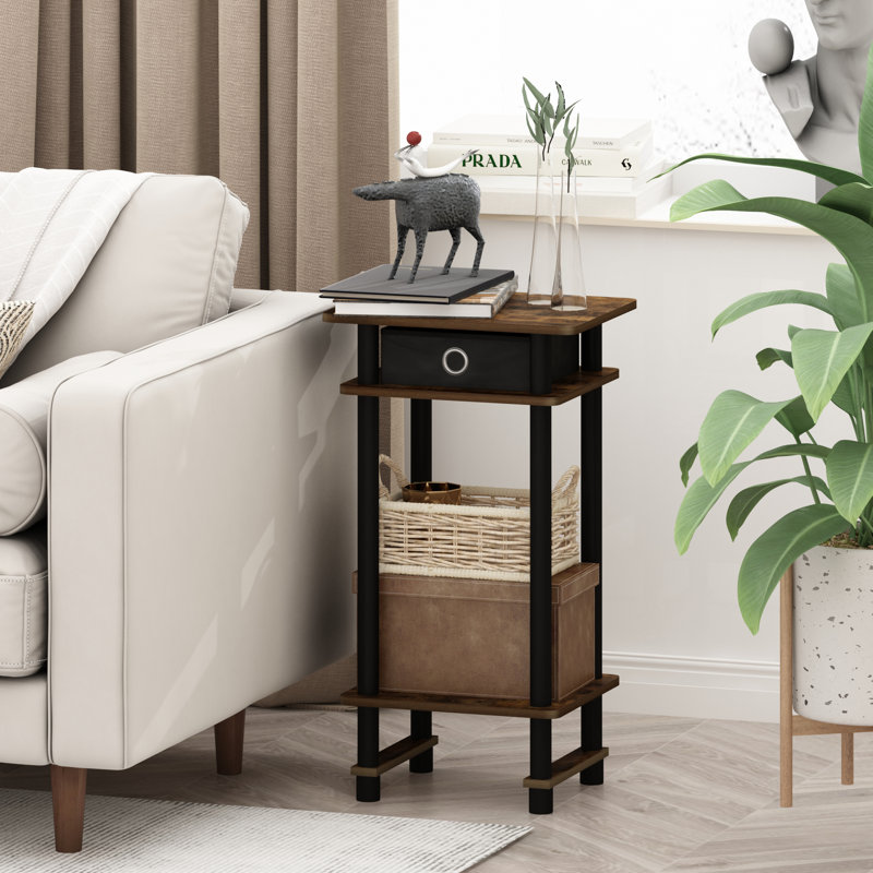 Chrisley Side Table with Fabric Bin Drawer, Set of 1, Amber Pine/Black