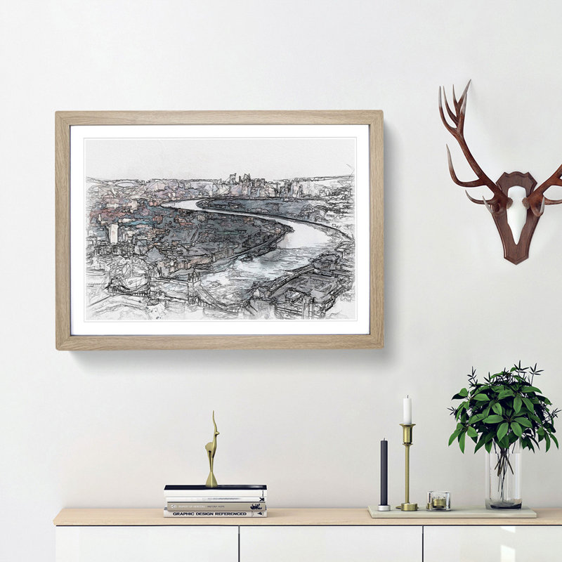 River Thames & London Skyline Sketch - Picture Frame Graphic Art Print, Oak Framed, 36cm H x 48cm W x 2cm D