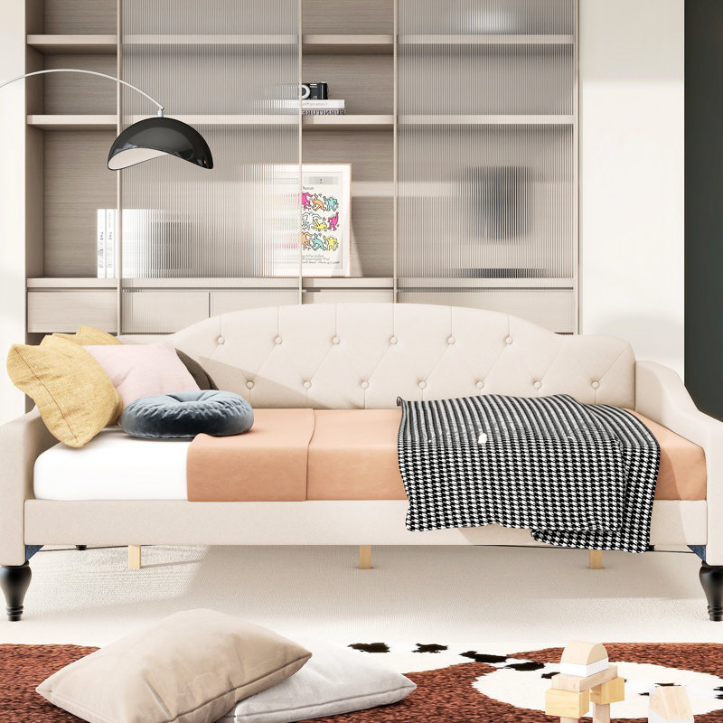 Lit de jour rembourré beige avec structure en bois massif - Stable et lattes en contreplaqué