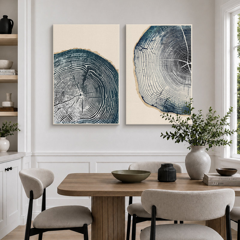 «Tree Ring», œuvre de souche en bois bleu marine, images murales simples et rustiques modernes, ensemble de 2 reproductions d'art sur toile, 16 x 24 x 2, 24 x 36 x 2